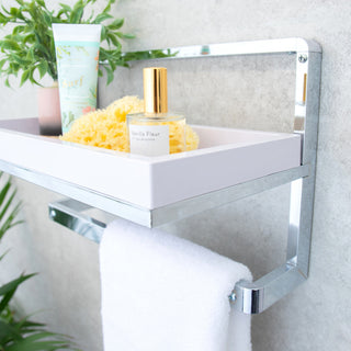 Danya B. Wall Mounted Chrome Towel Rack and Shelf With Removable White Tray