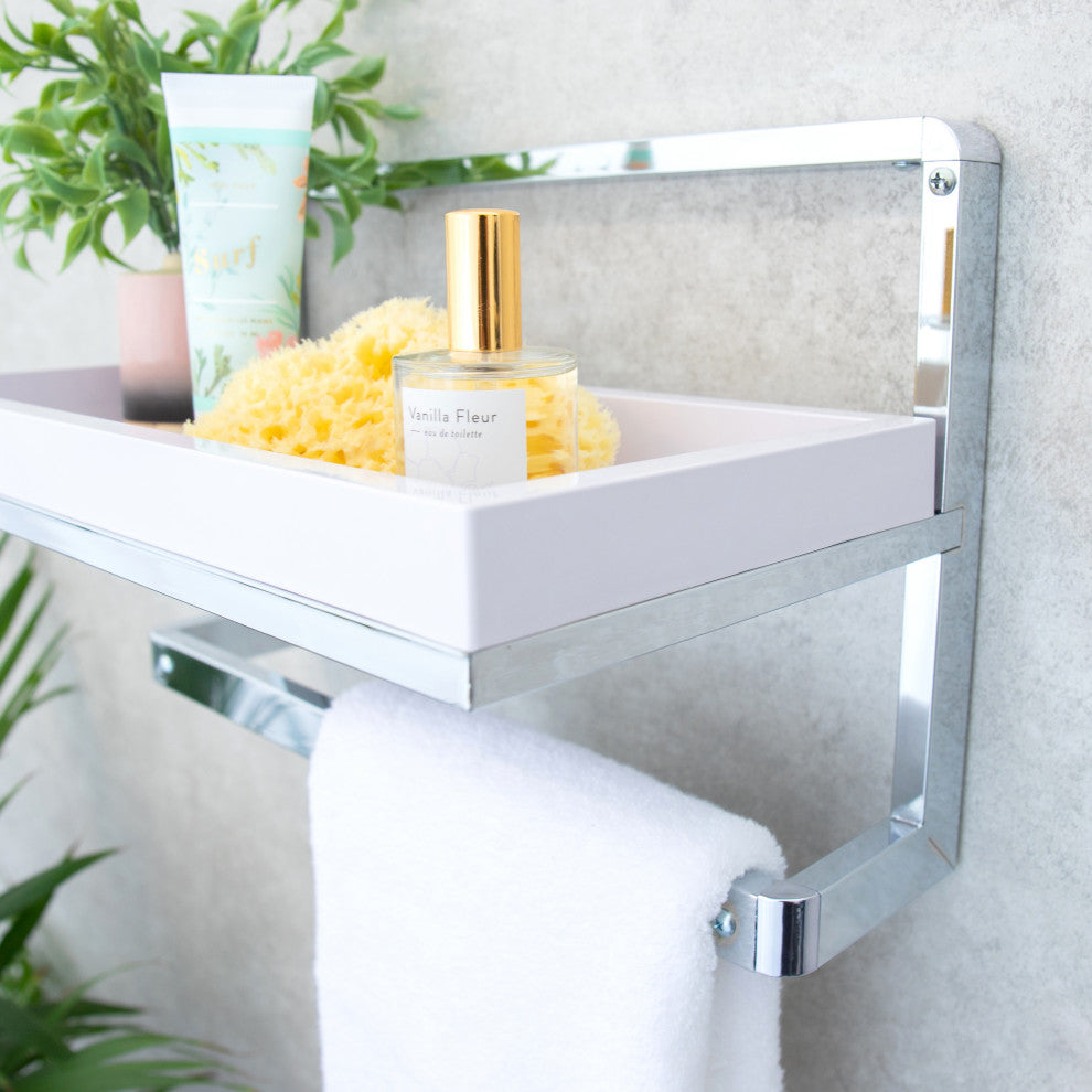 Danya B. Wall Mounted Chrome Towel Rack and Shelf With Removable White Tray