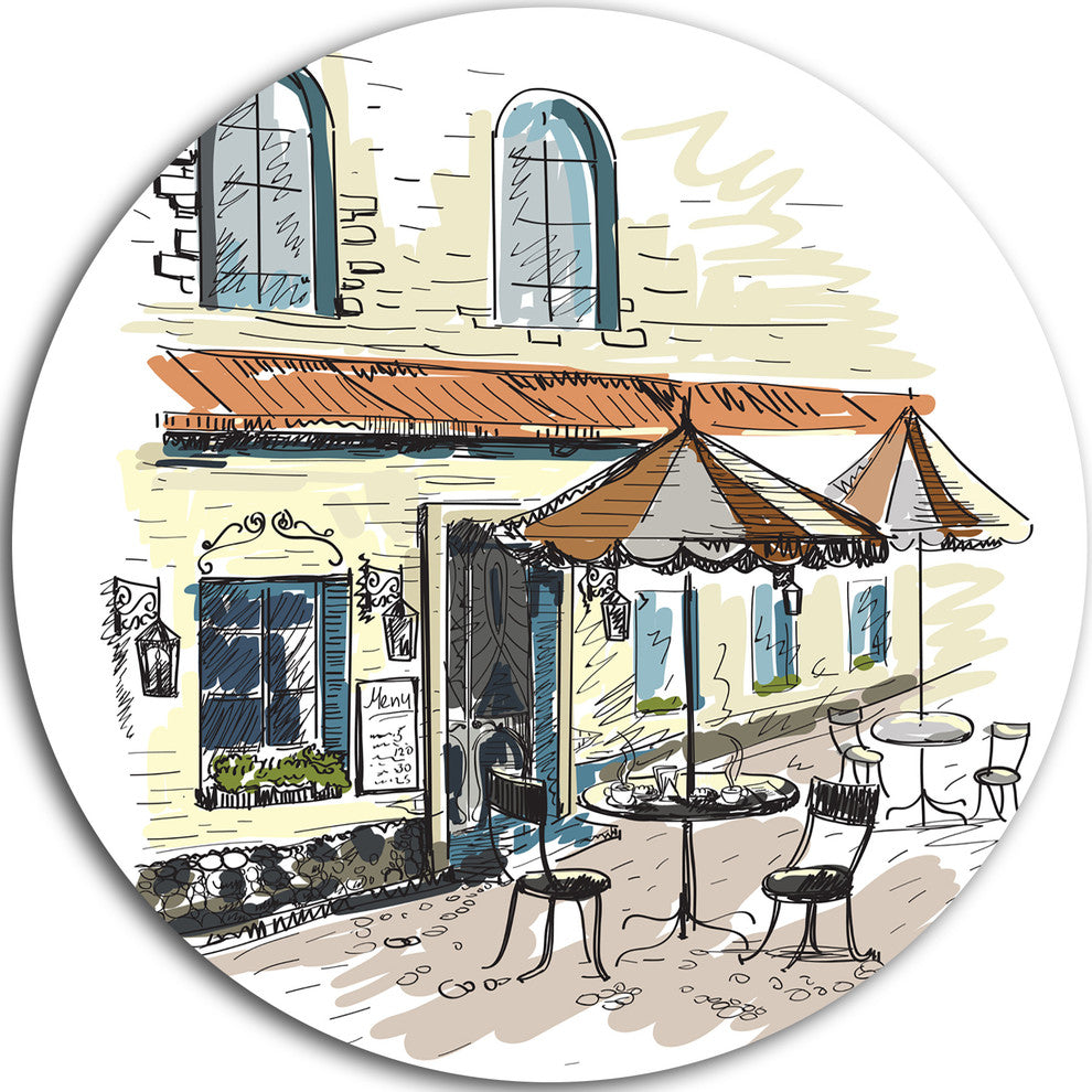 Street Caf???_???__, Watercolor Painting Round Metal Wall Art, 11"