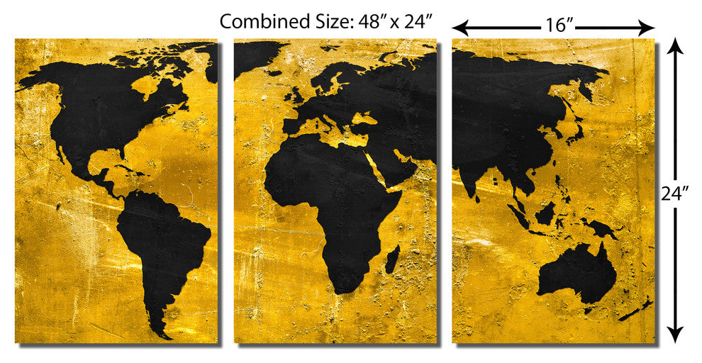 Black And Gold World Map Metal Print Wall Art, 3 Panel Split, Triptych