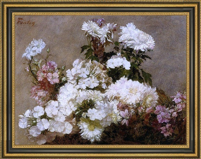 Henri FantinLatour White Phlox, Summer Chrysanthemum and LarkspurPrint, 18"x24"