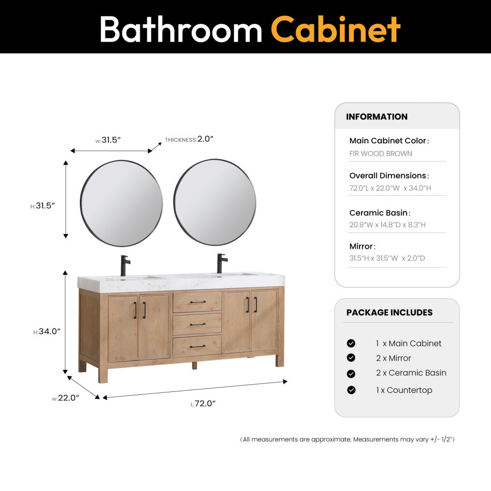 Leon Bath Vanity With Composite Stone Top, Fir Wood Brown, 72", With Mirror