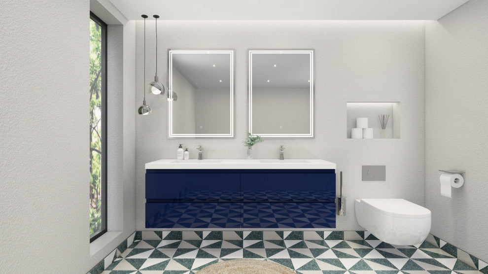Belli 72" Double Sink Wall Mount Vanity Set, High Gloss Night Blue, Glossy White Top