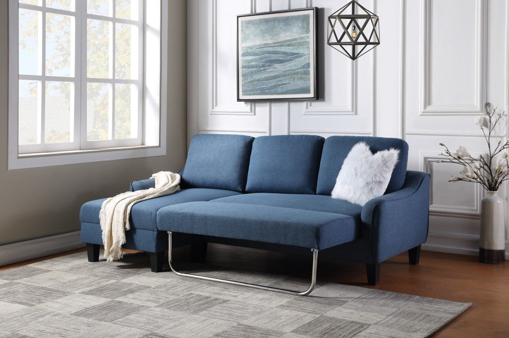 Lester Sofa With Chaise and Twin Sleeper, Blue fabric With Black legs