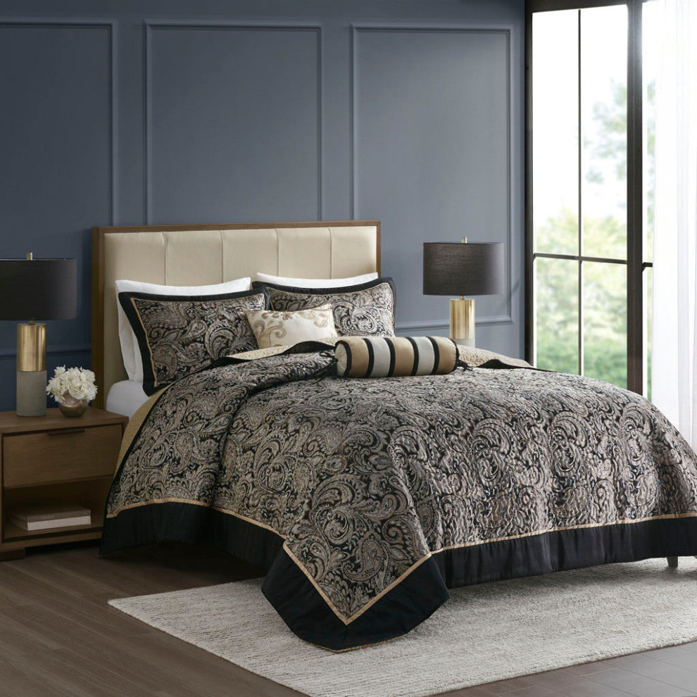 Madison Park Aubrey 5 Piece Reversible Jacquard Bedspread Set, Black