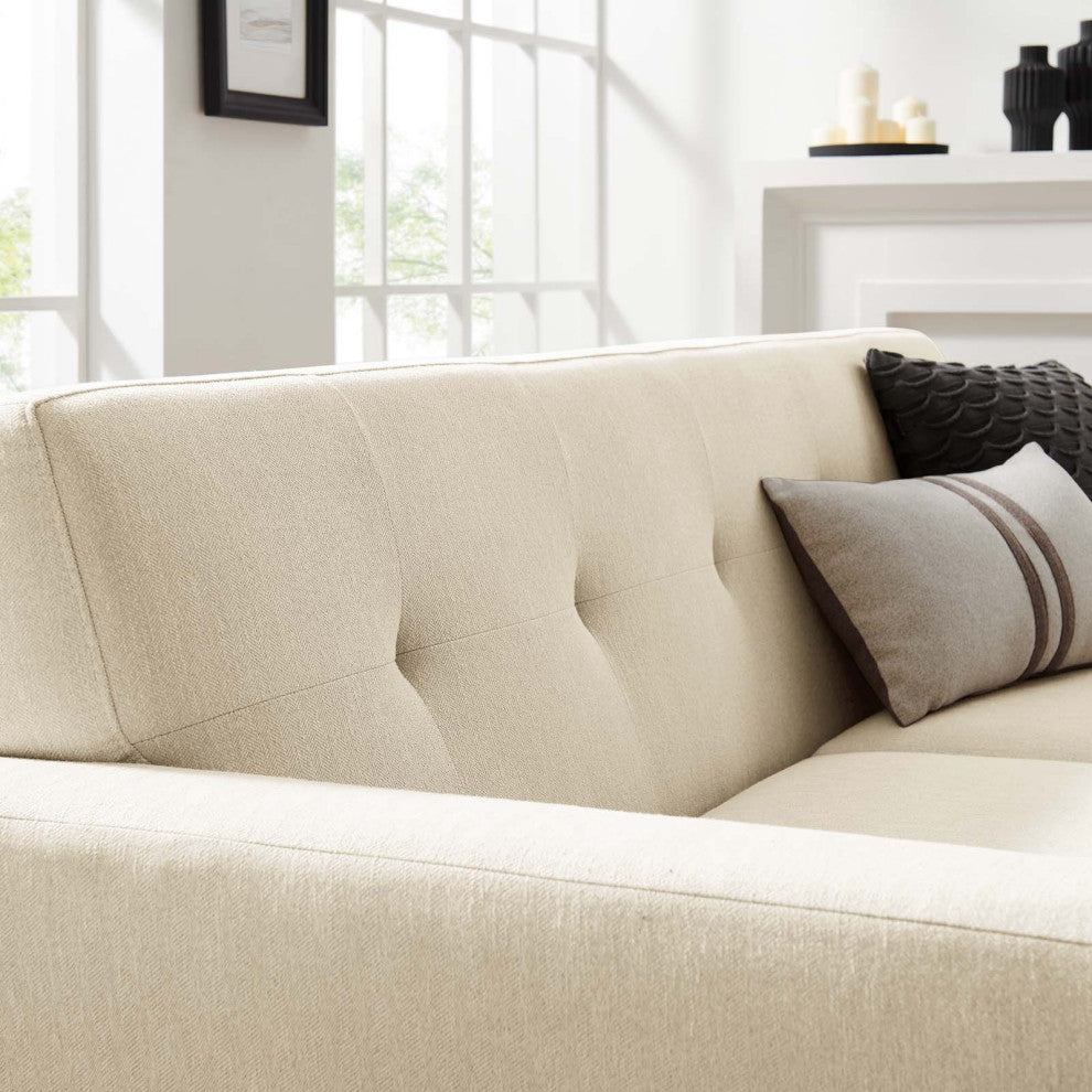 Loveseat Sofa, Beige, Fabric, Modern, Mid Century Hotel Lounge Cafe Lobby