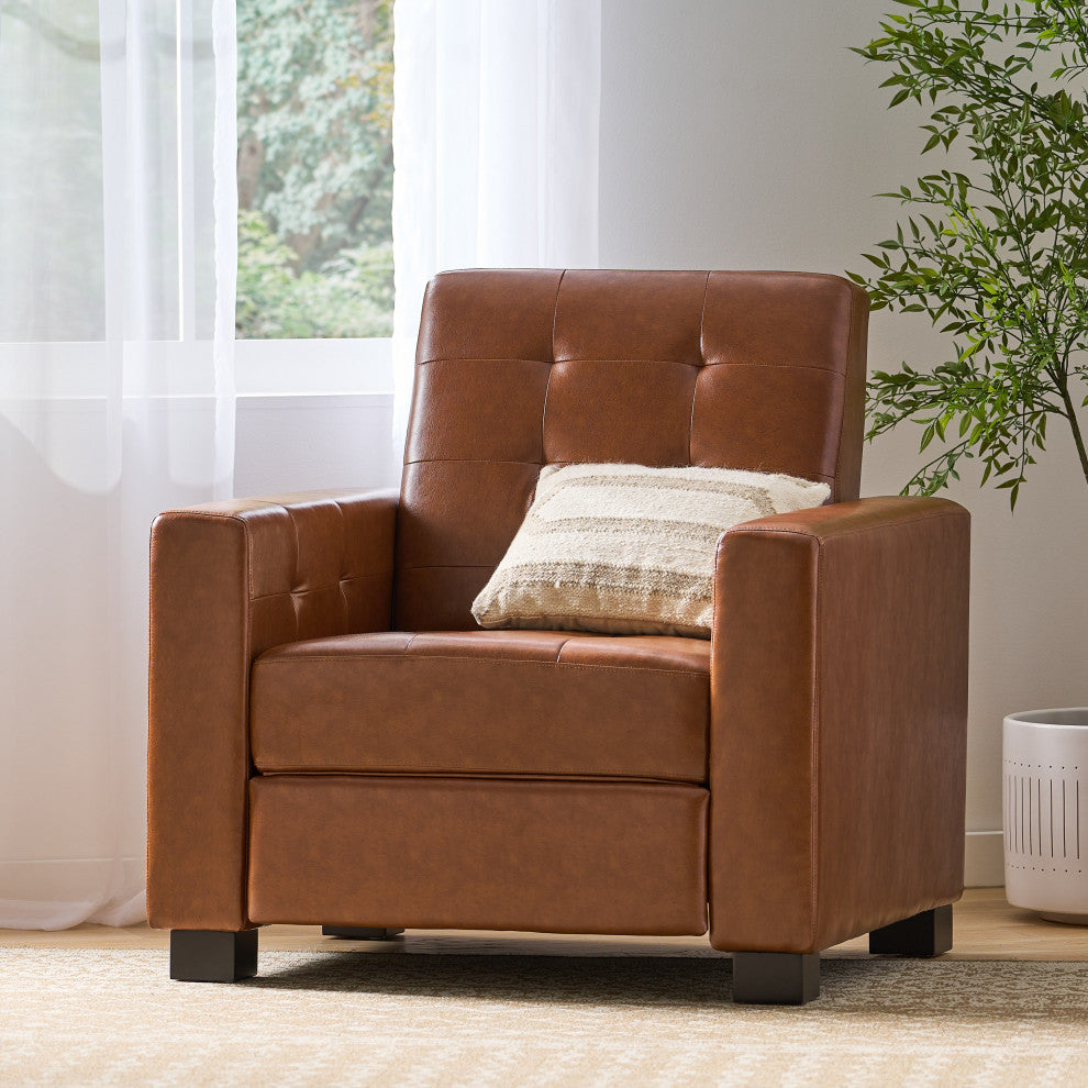 Langseth Contemporary Tufted Pushback Recliner, Cognac/Dark Brown, Faux Leather