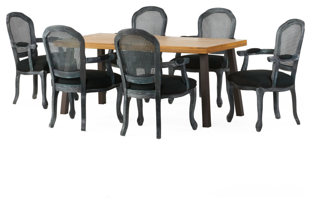 Aldrich Farmhouse Fabric Upholstered Wood and Cane 7 Piece Dining Set, Black + Gray + Rustic Metal + Natural Stained