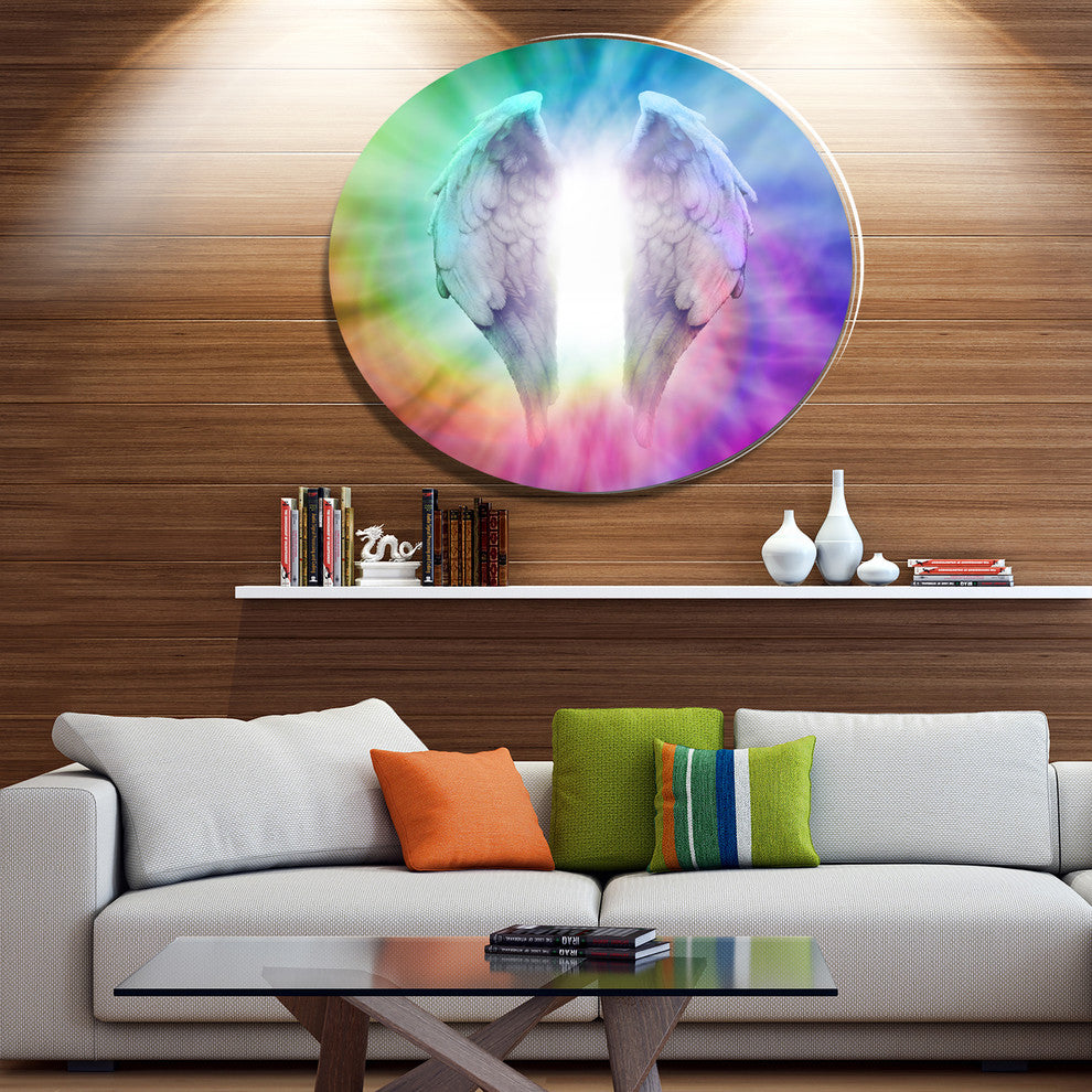 Angel Wings On Rainbow Background, Abstract Art Round Wall Art, 11"