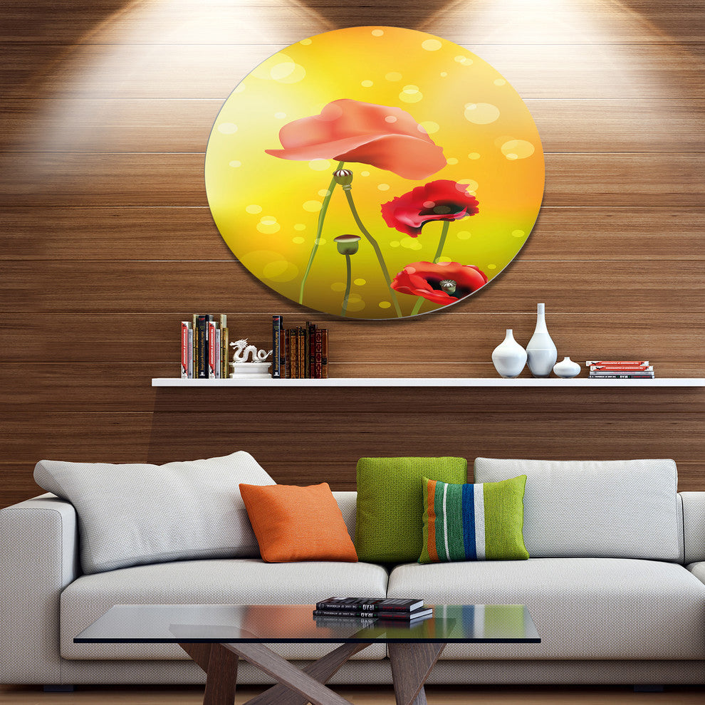 Red Flowers On Yellow Background, Floral Round Wall Art, 11"