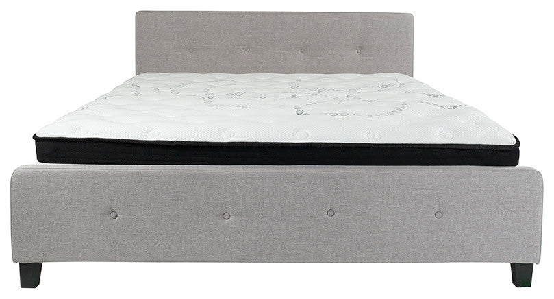 King Size Tufted Platform Bed, Light Gray With Spring Mattress