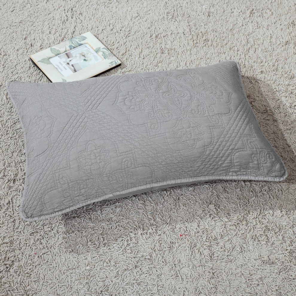 Elegant Modern Floral Grey Diamond Pattern Quilted Coverlet Bedspread Set, Queen