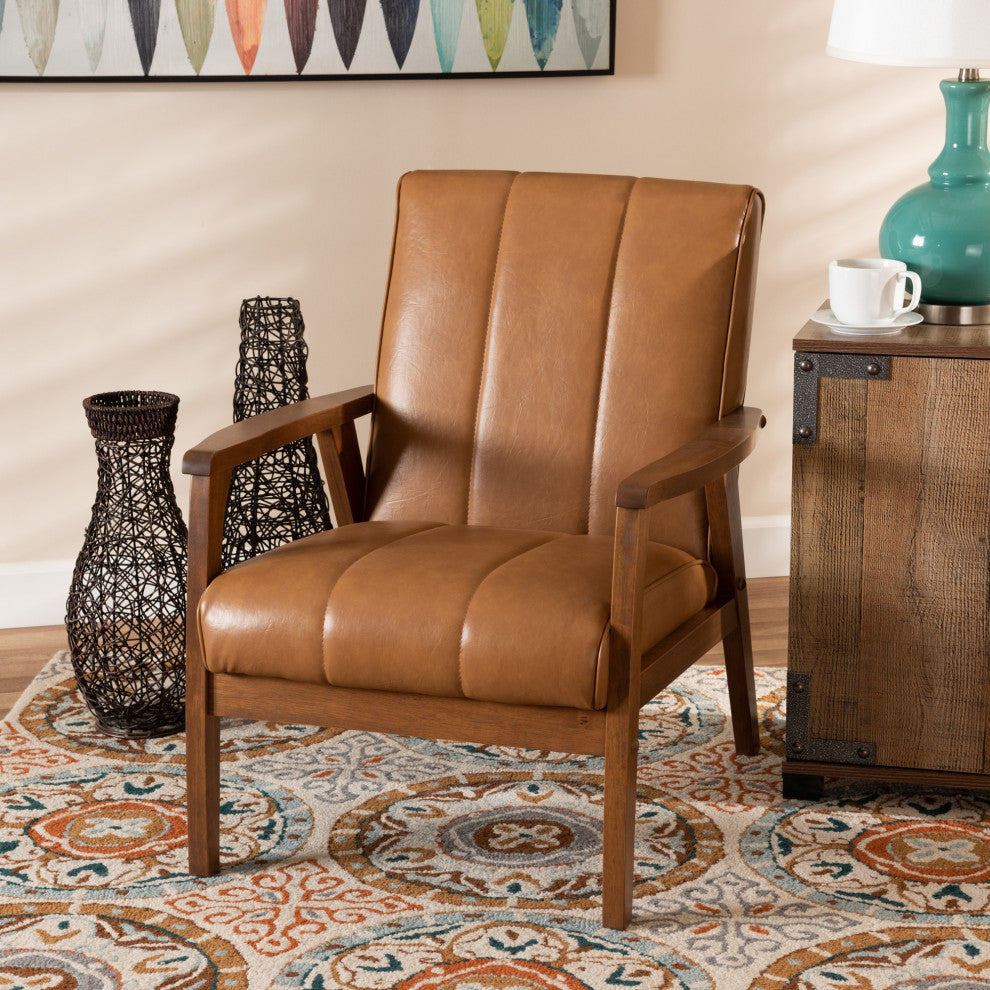 Nikko Mid-century Modern Tan Faux Leather and Walnut Brown Lounge Chair