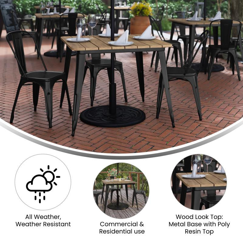 Declan Commercial Indoor/Outdoor Dining Table with Umbrella Hole, 36" Square, Brown/Black