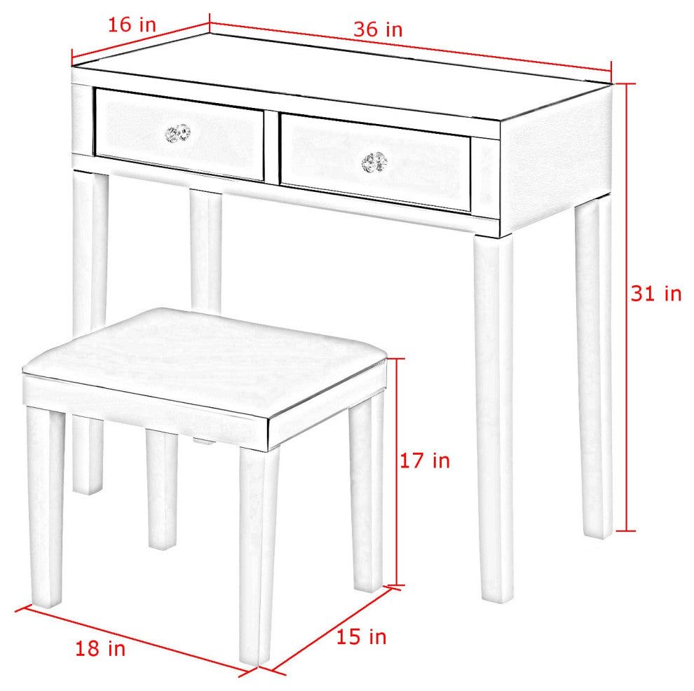 Venecia Mirrored 2-Drawer Vanity Table With Stool Set, Black