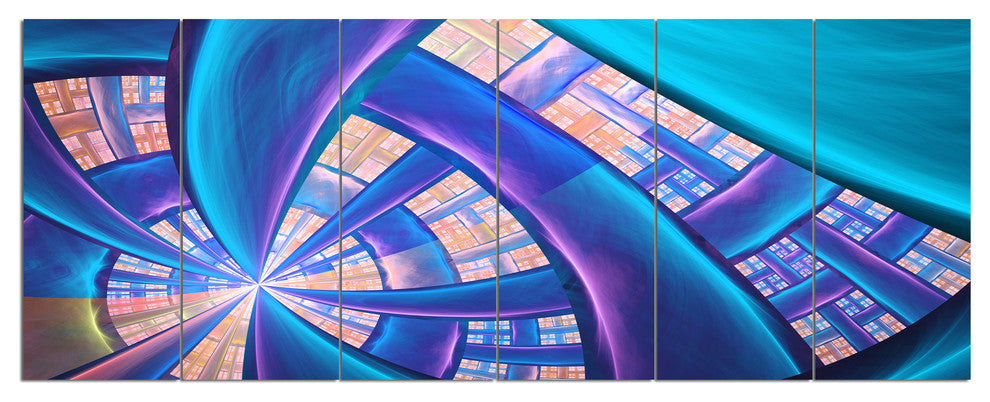 Blue Yellow Fractal Stained Glass, Abstract Canvas Art Print, 70"x28", 6 Panels
