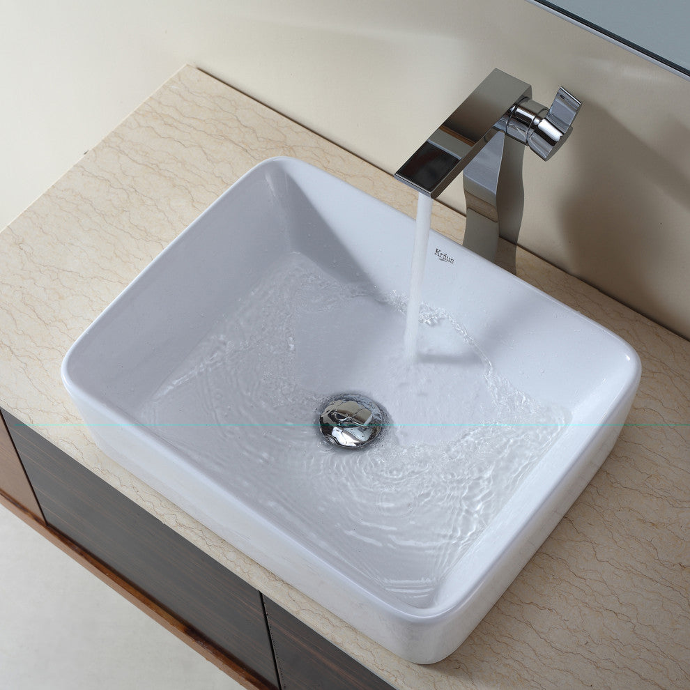 Elavo Ceramic Rectangle Vessel White Sink, PU Drain Chrome