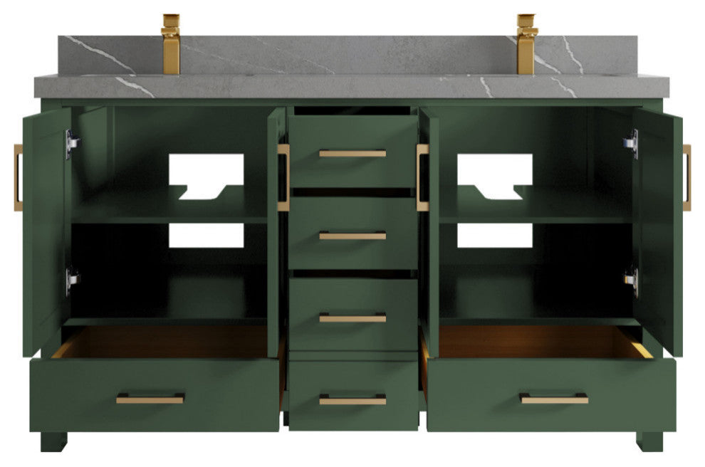 Malibu 60 Double Sink Bathroom Vanity in Lafayette Green 2" Piatra Gray