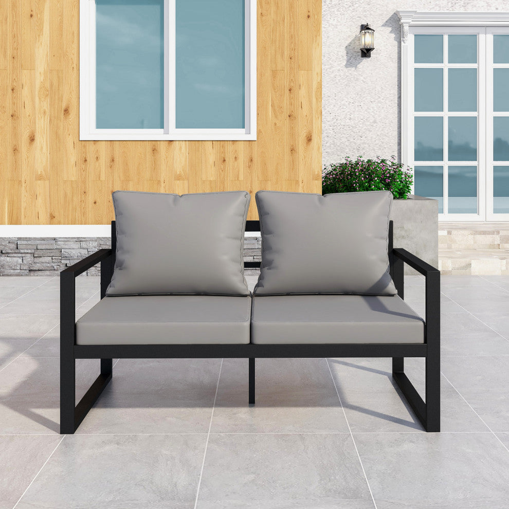 Outdoor Black Metal Patio Loveseat Sofa Chair With Cushions