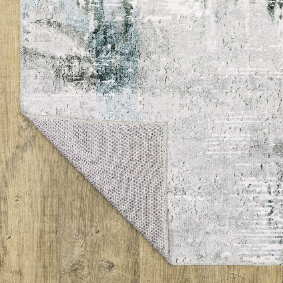 Michaela Machine Washable Modern Grey/ Teal Indoor Area Rug, Grey, 2'x8'