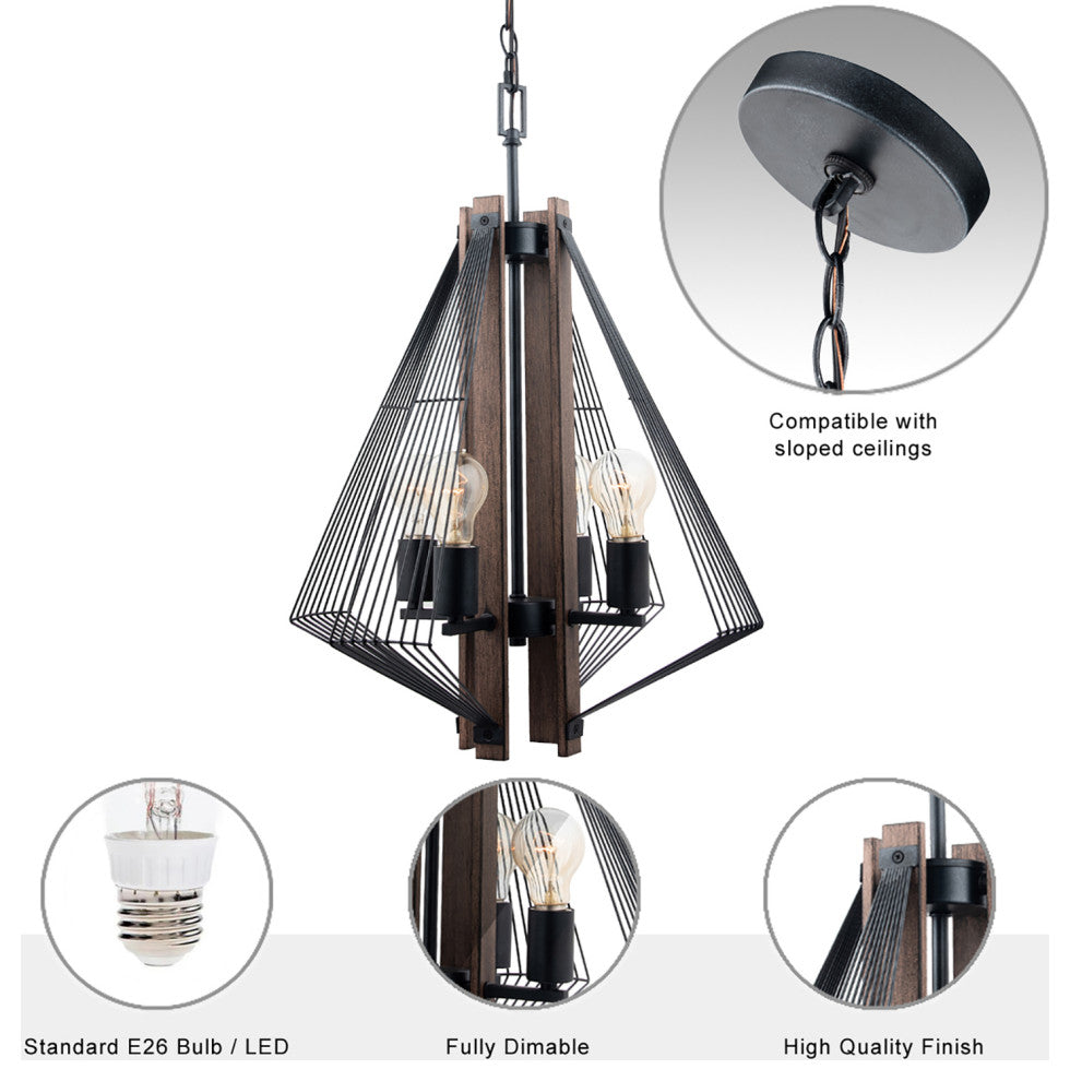 4 Light Black Wood Pendant