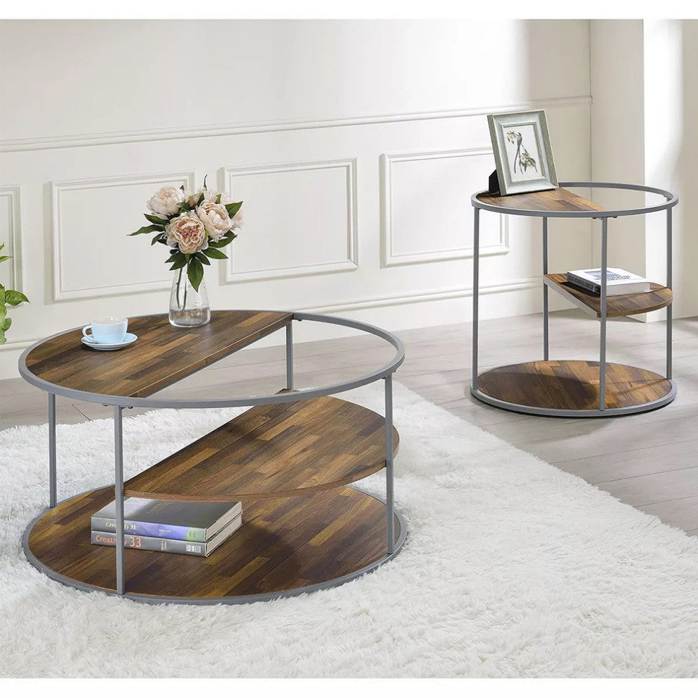 3-tier Shelf Round Coffee Table in Gray and Walnut Finish