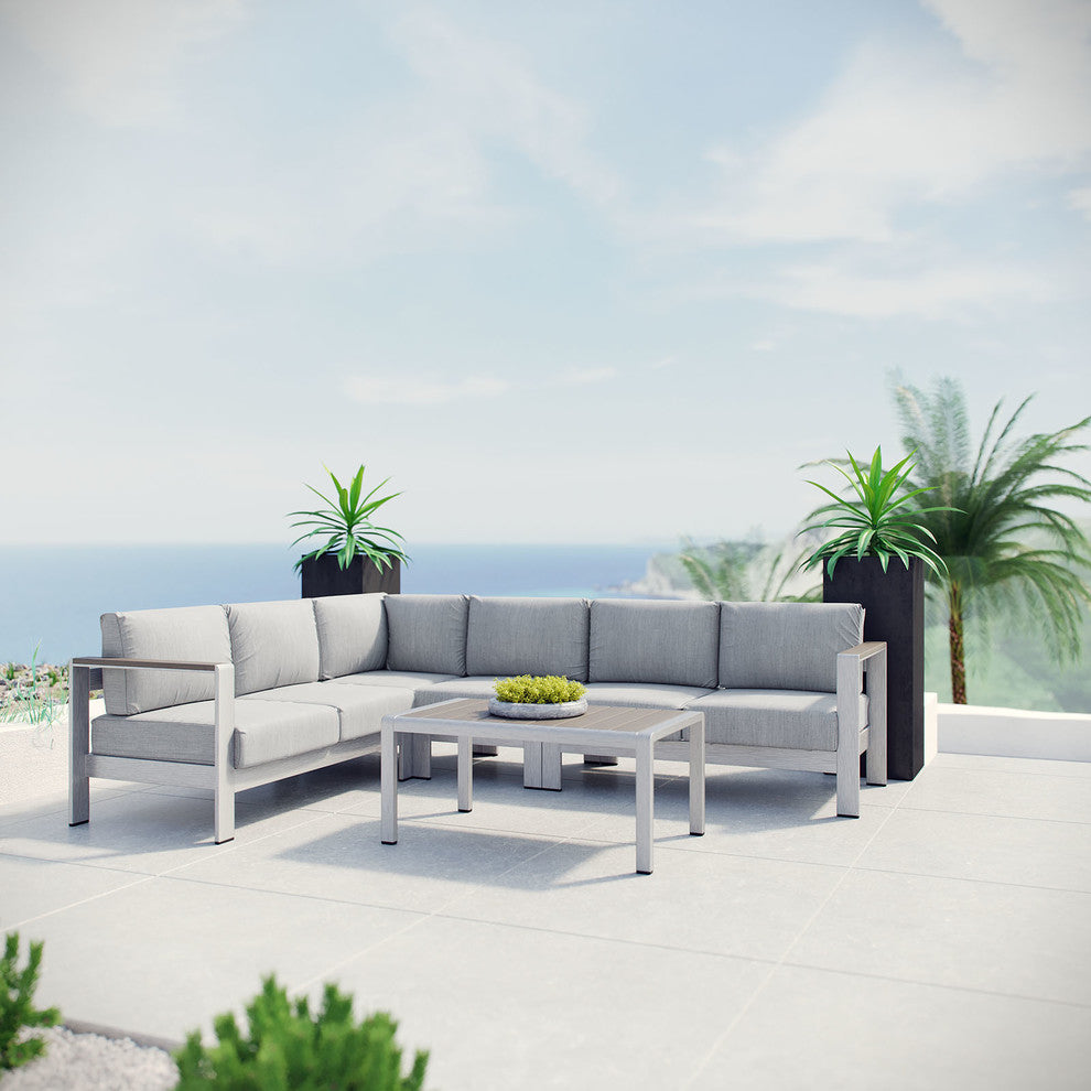 Modway Shore 5 Piece Outdoor Patio Aluminum Sectional Sofa Set, Silver Gray