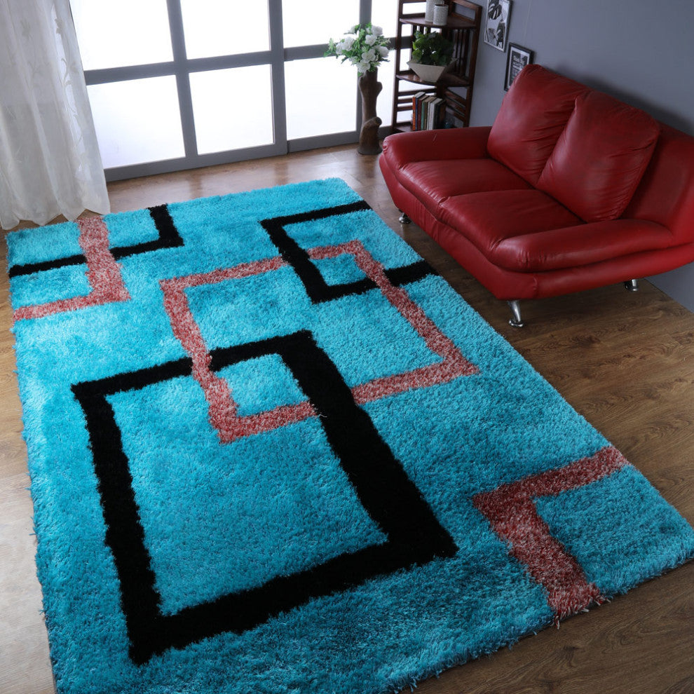 HAND TUFTED SHAG POLYESTER ECO-FRIENDLY AREA RUGS - Turquoise,Geometric Design