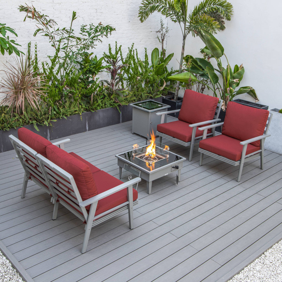 LeisureMod Walbrooke Grey Patio Sofa Set With Square Fire Pit Table, Red