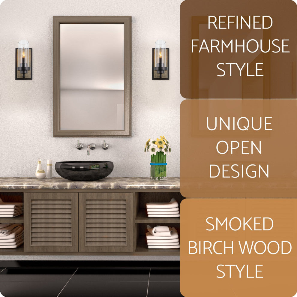 Kira Home Sierra 11" Wall Sconce + Glass Shade, Smoked Birch Wood Style + Black