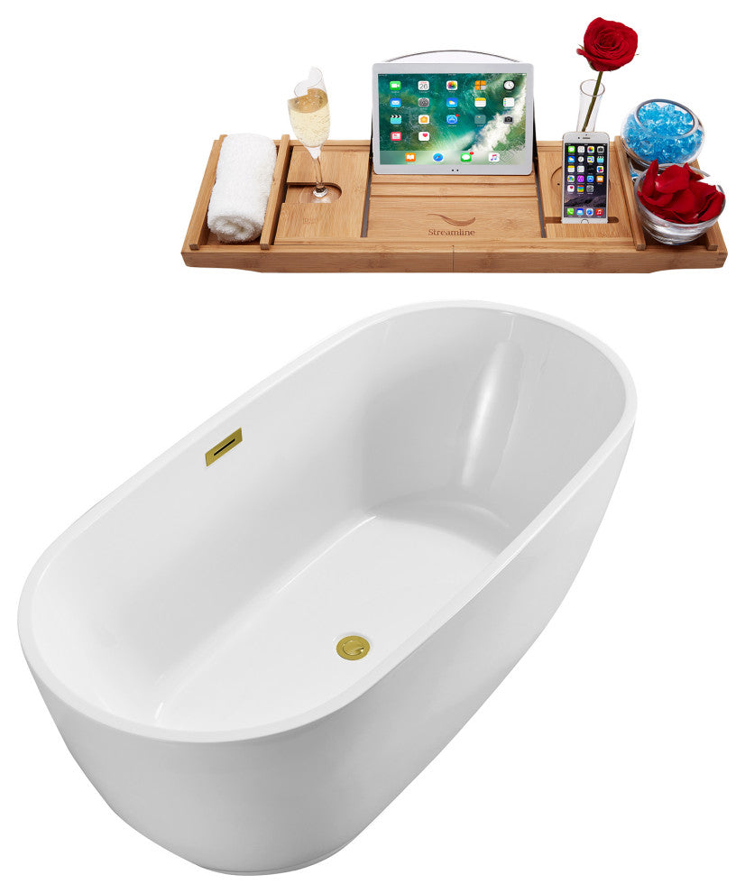 71" Streamline N562GLD Soaking Freestanding Tub and Tray With Internal Drain