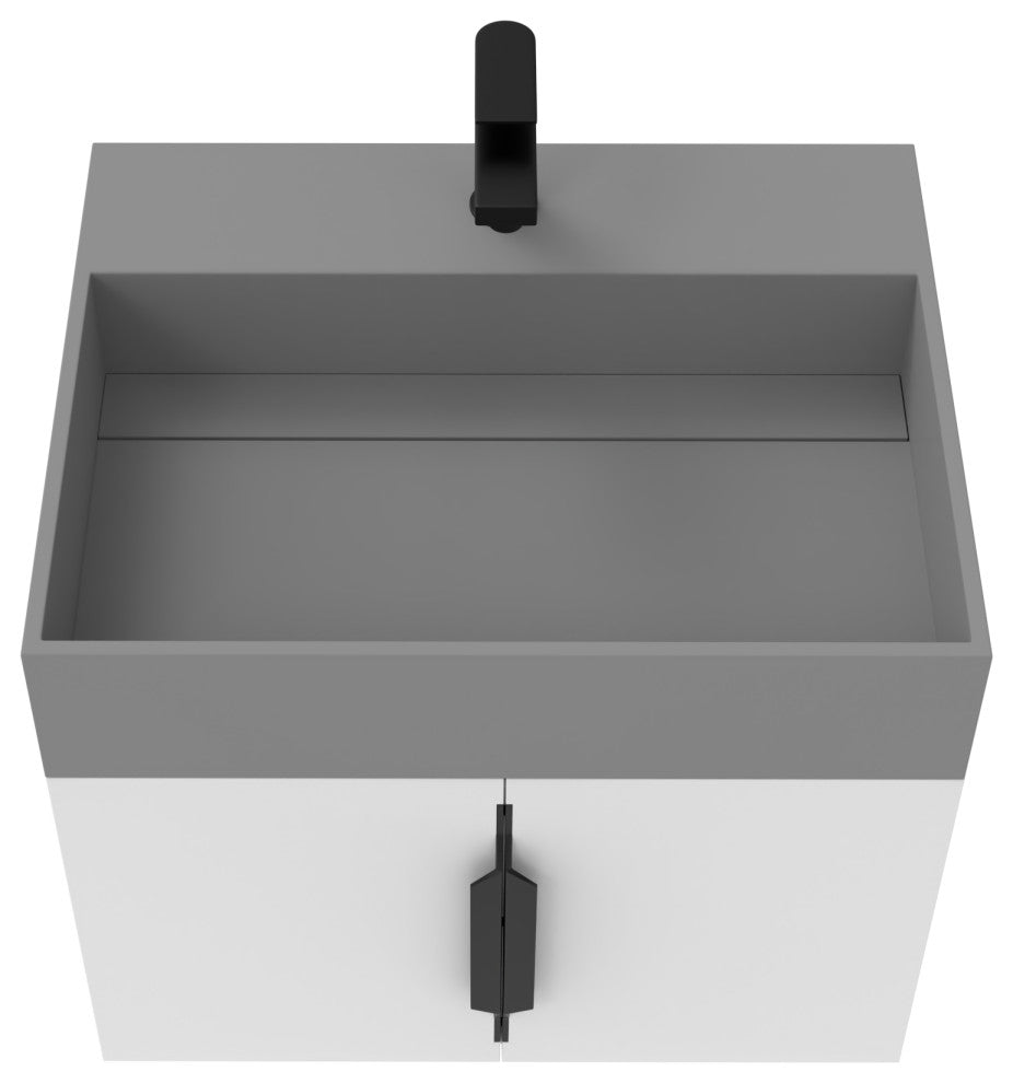 CastelloUSA Amazon 24" Wall Mounted Bathroom Vanity Set, White, Gray Top, Black Handles