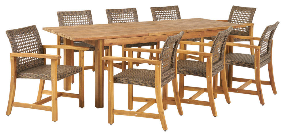 Arno Outdoor 8-Seater Acacia Wood Dining Set With Expandable Table, Teak/Mocha