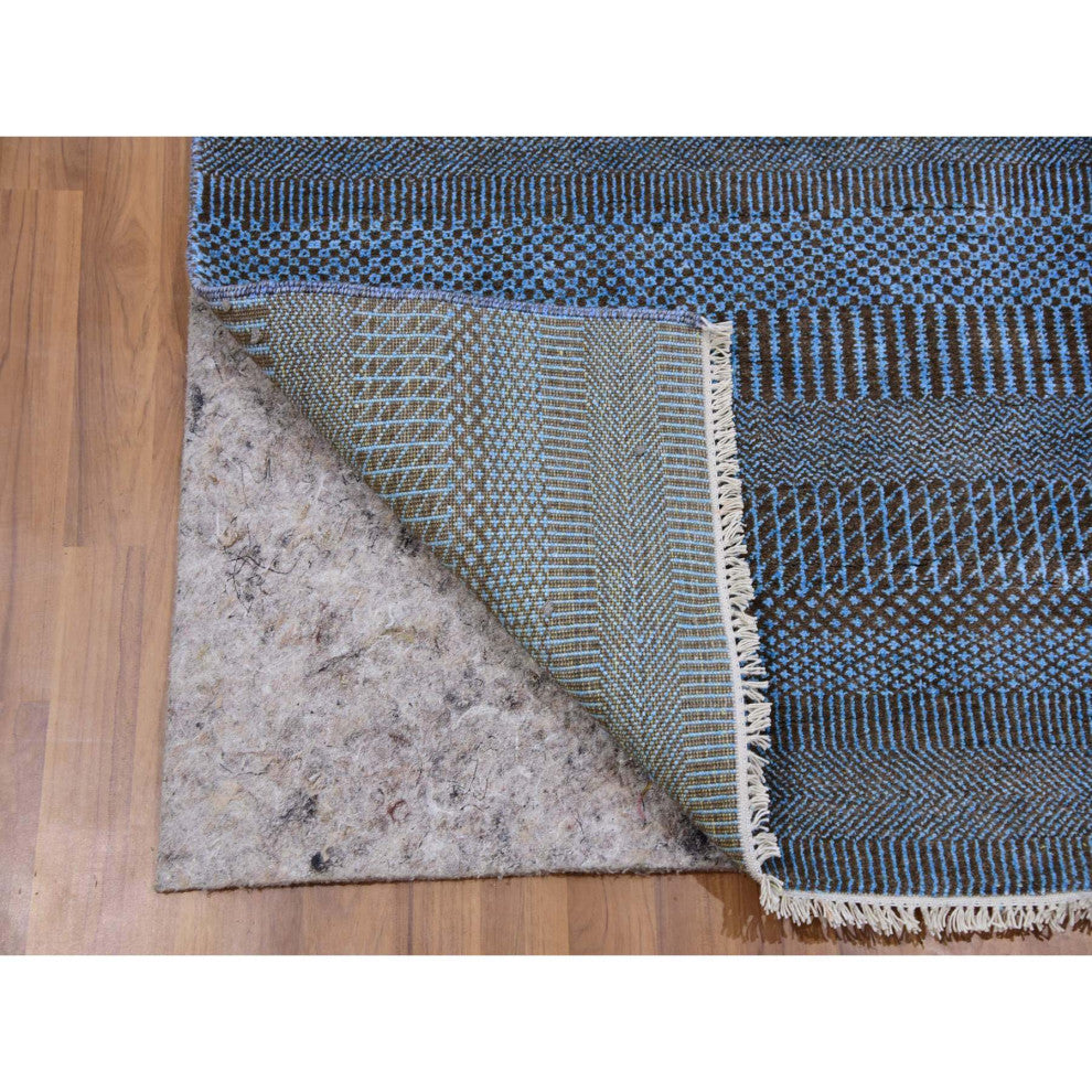 Ruddy Blue Hand Knotted Grass Design Dyed Wool and Silk Runner Rug, 2'7"x9'6"