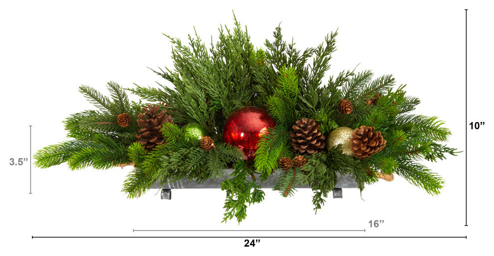 24" Cedar Pine, Pinecones and Ornaments Faux Christmas Arrangement, Tin Vase