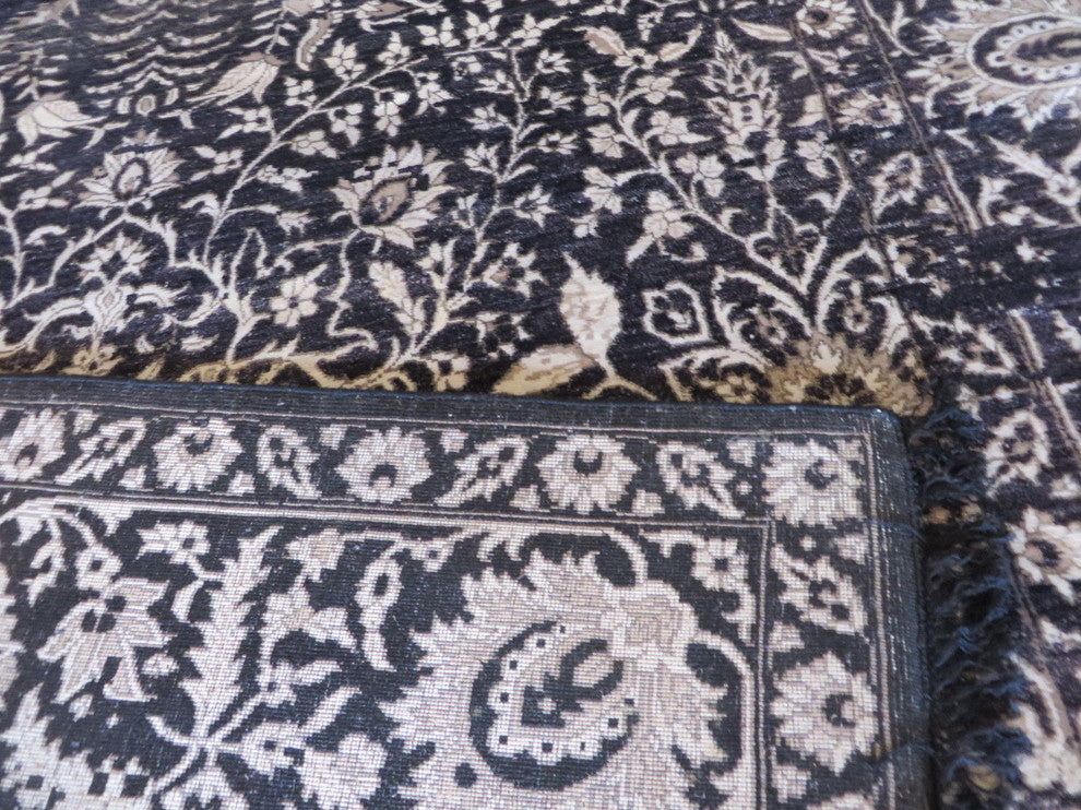 8x10 Hand Knotted Black Tone On Tone Wool & Silk Oriental Rug