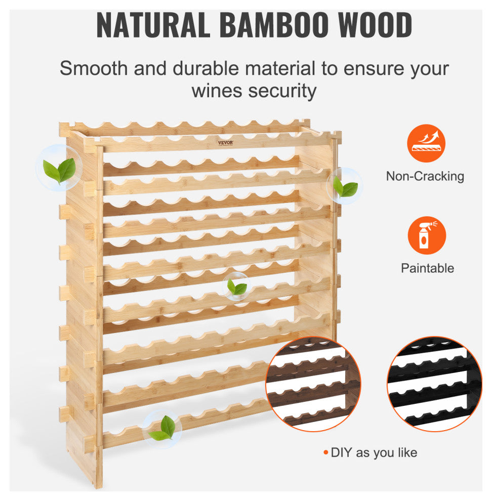 VEVOR Stackable Modular Wine Rack Bamboo Wood Display Shelf, 8 Tier, 72 Bottle