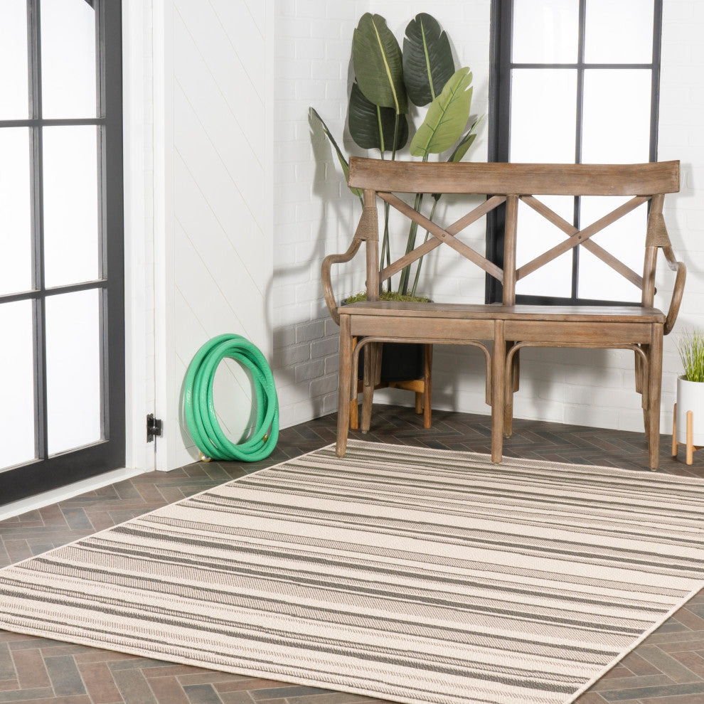 Castara Wavy Stripe Modern Indoor/Outdoor Area Rug, Cream/Dark Gray, 3x5