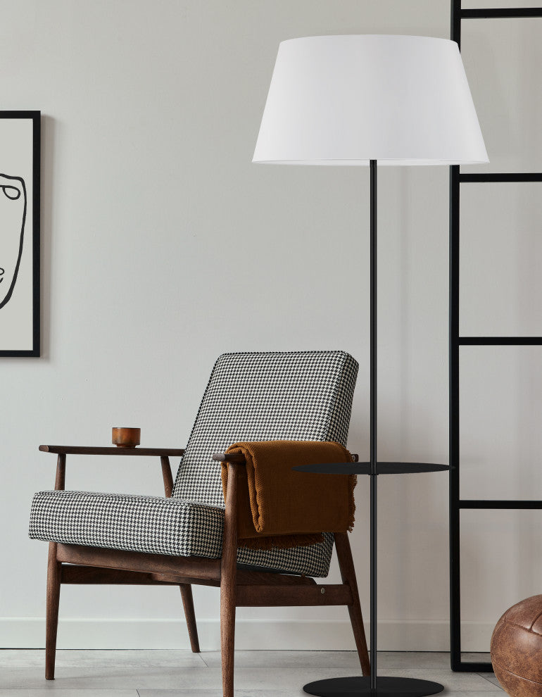 Gretchen 1 Light Round Base Floor Lamp with Shelf, Matte Black, White Shade