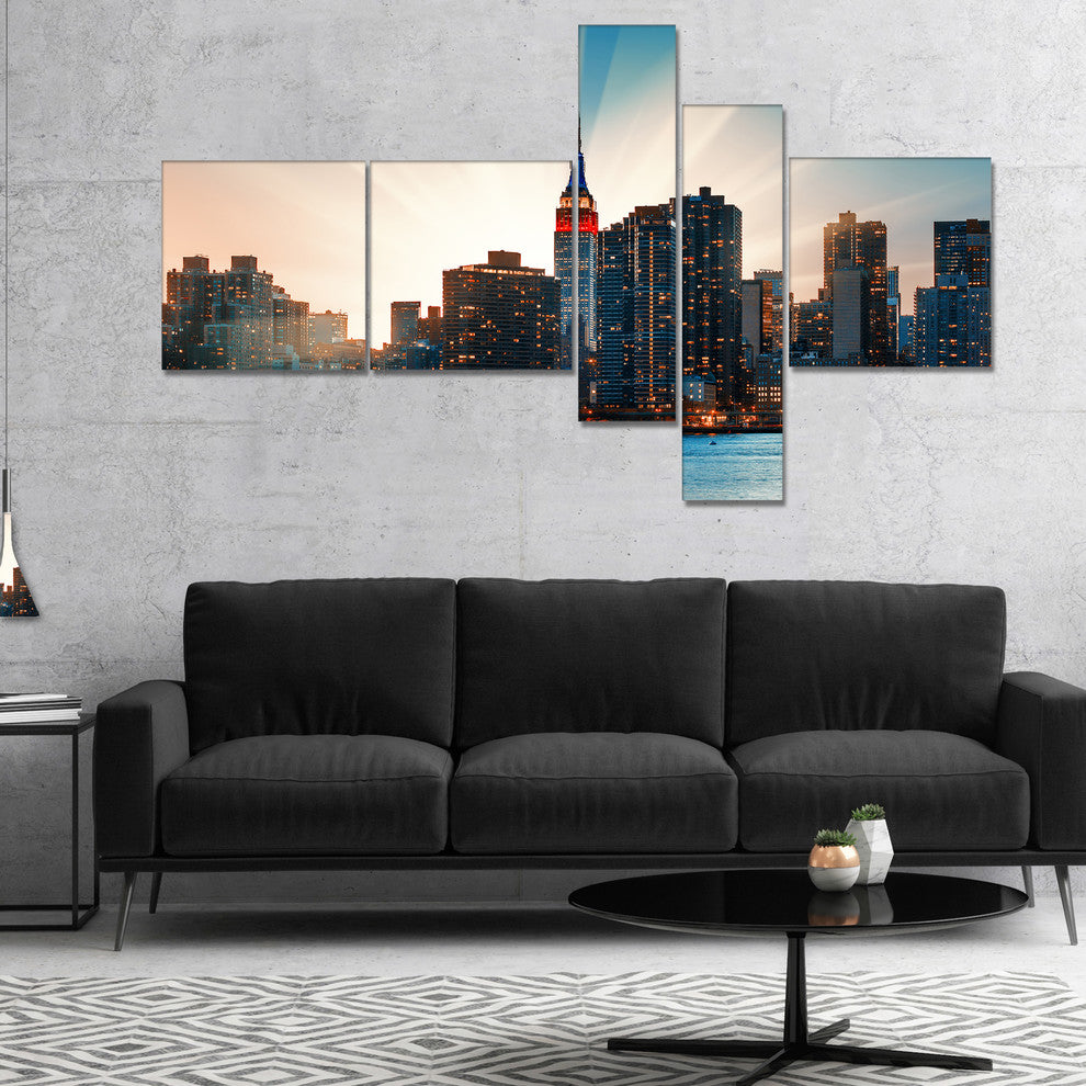 Manhattan Skyline at Bright Sunset, Extra Large Canvas Print, 60"x32", 5 panels