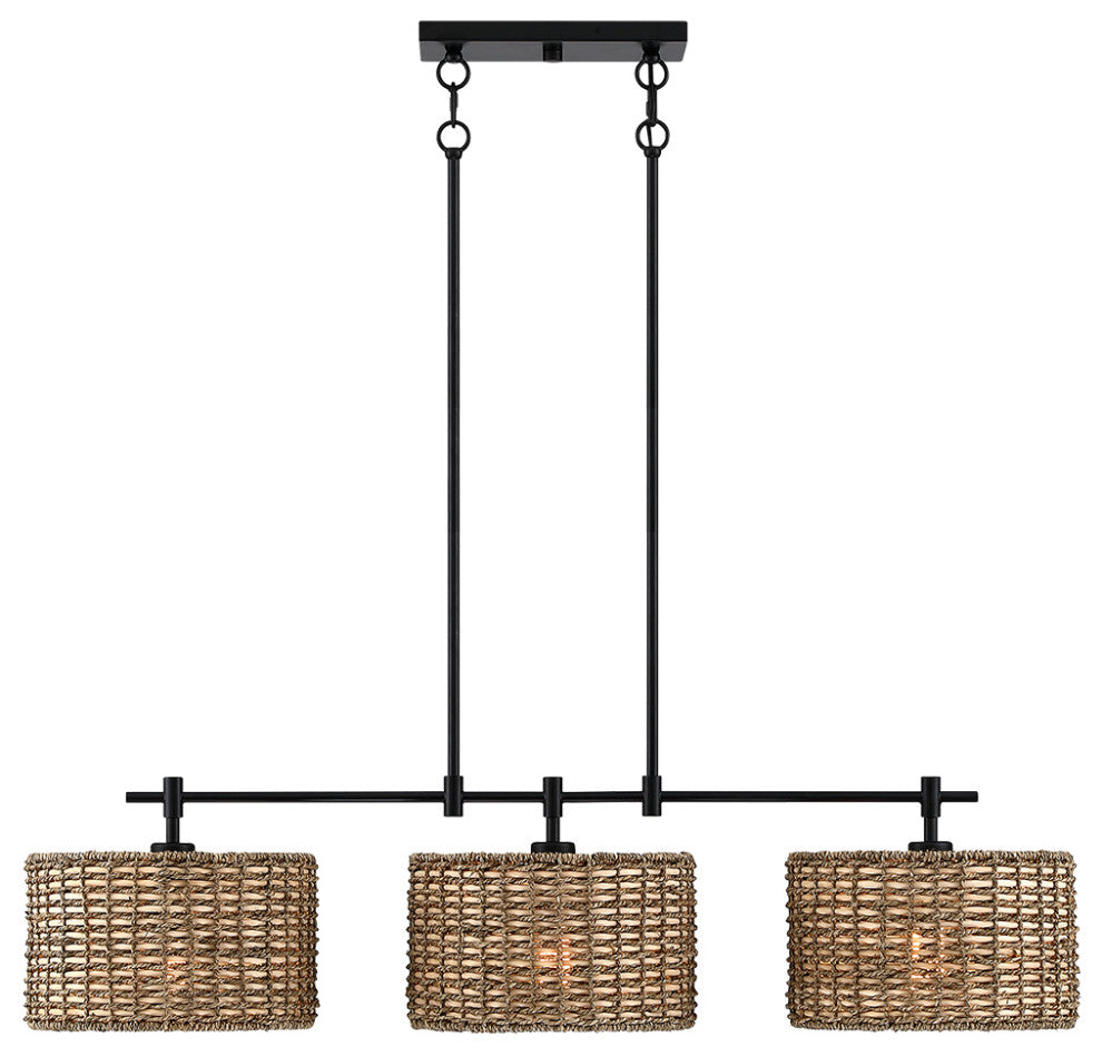 41"W 3-Light Black Farmhouse Rattan Island Light Linear Chandelier