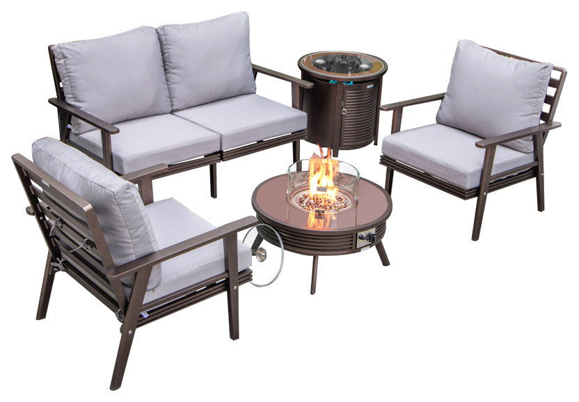 LeisureMod Walbrooke Patio Conversation Set With Fire Pit Table, Grey