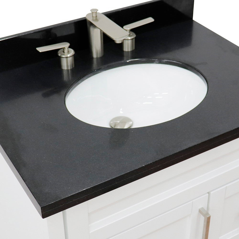 31" Single Sink Vanity, White Finish With Black Galaxy Granite With Oval Sink