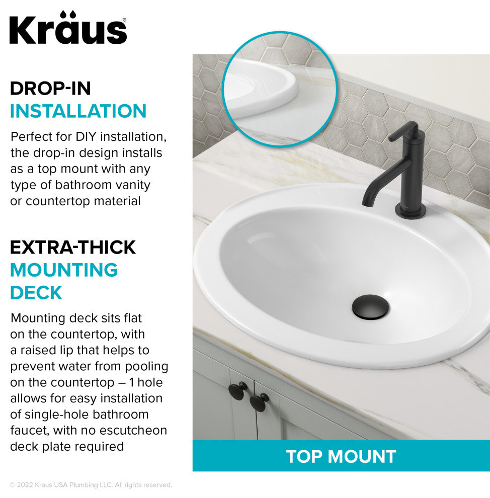 KRAUS Elavo 22 in. Oval Porcelain Ceramic Self-Rimming Drop, Bathroom Sink
