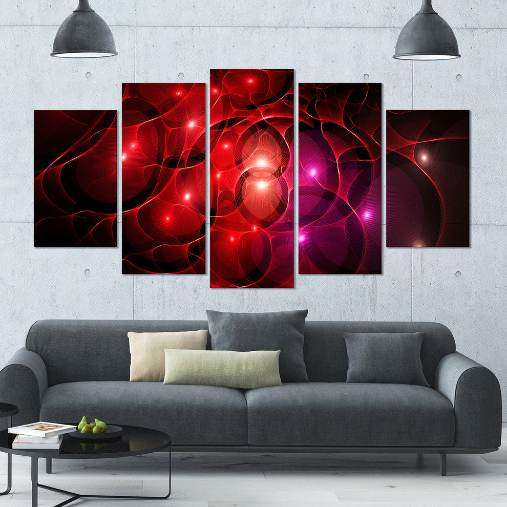 Red Fractal Space Circles, Contemporary Canvas Art Print, 60"x32", 5 Panels