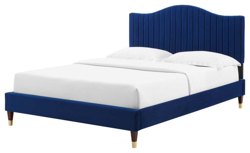 Tufted Platform Bed Frame, Queen Size, Velvet, Blue Navy, Modern Contemporary