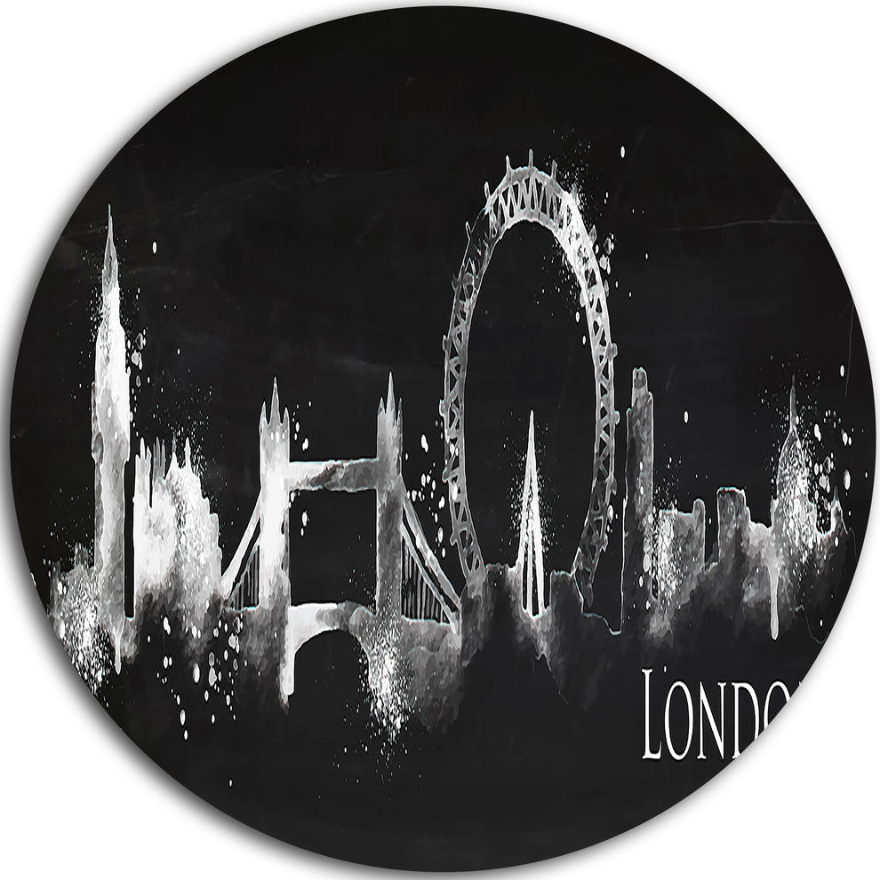 London Dark Silhouette, Cityscape Painting Round Metal Wall Art, 36"