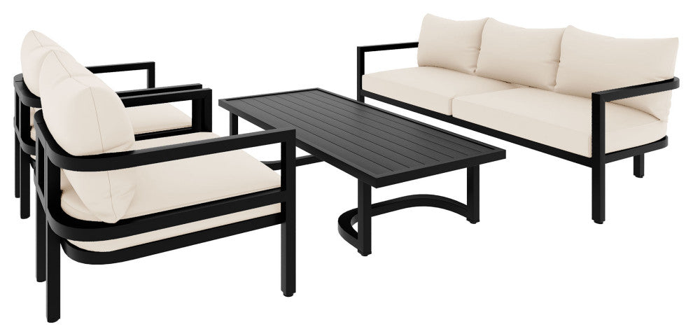 4-Piece Outdoor  Steel Patio Sectional with Table and Cushions, Beige