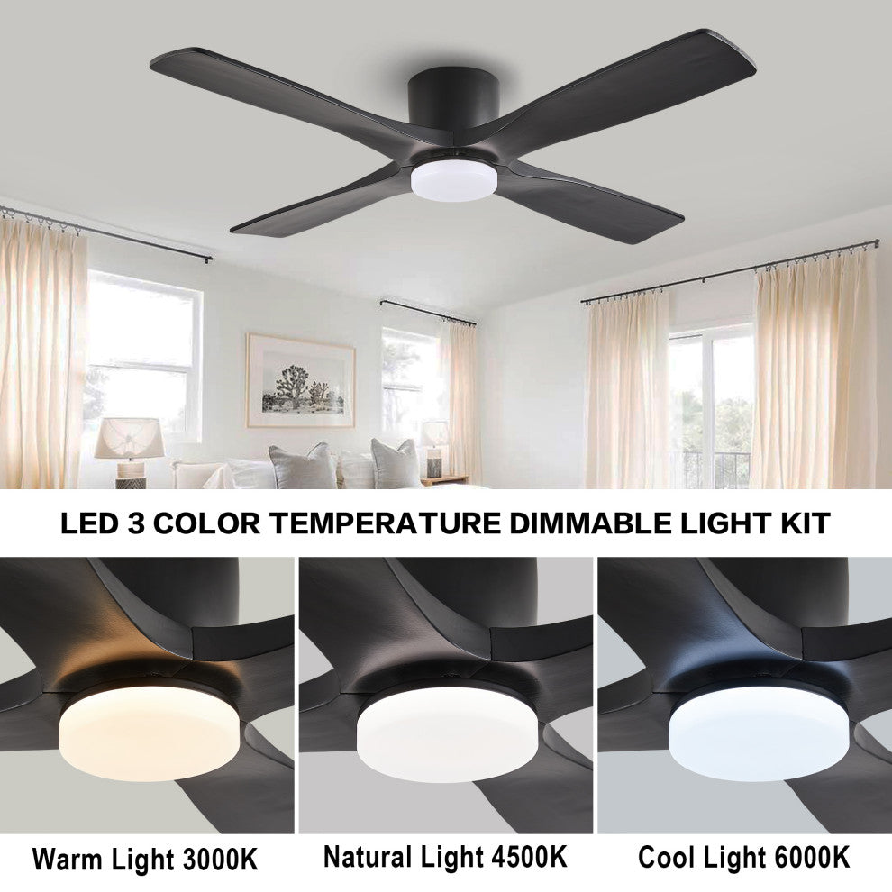 54" 4 Blades Indoor Flush Mount Ceiling Fan, Light Kit, Black
