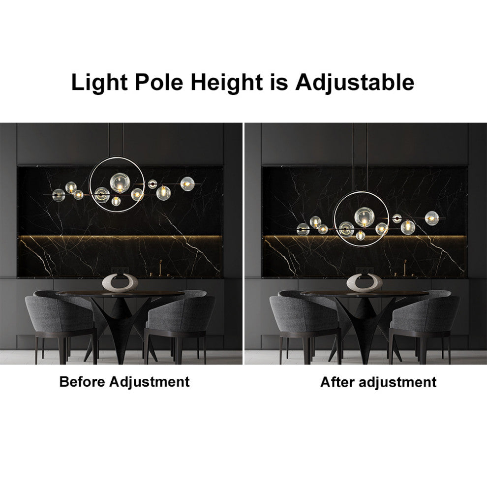 Bubi Modern Kitcehn Island Light for Dining Room with Glass Globe Shade, Black, 10-Light